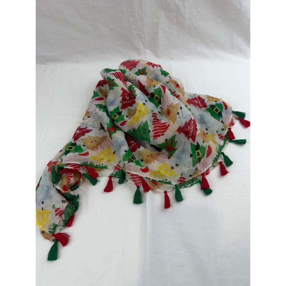 Falls Creek Christmas Scarf Santa Snowman Reindeer Trees Tassel Holiday One Size